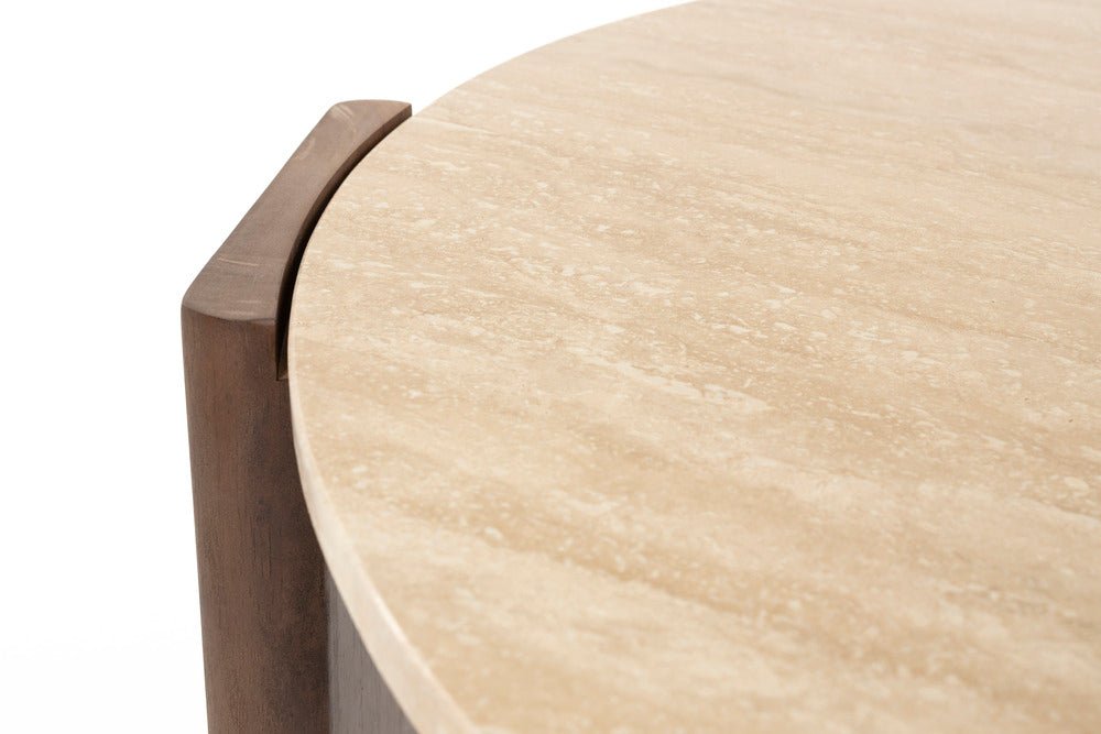 Table basse ronde en travertin et bois d'hévéa 90cm Valcour - Dutchbone - The Cool Republic