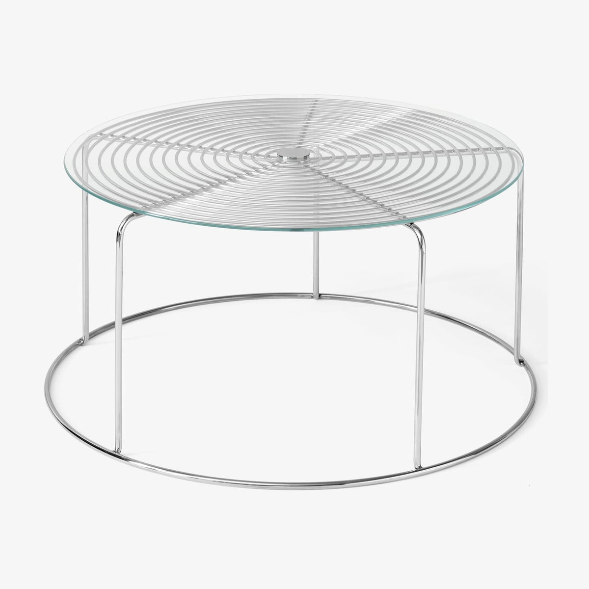 Table basse ronde en verre et acier poli miroir argenté 74x74x36cm Wire VP17 - &tradition