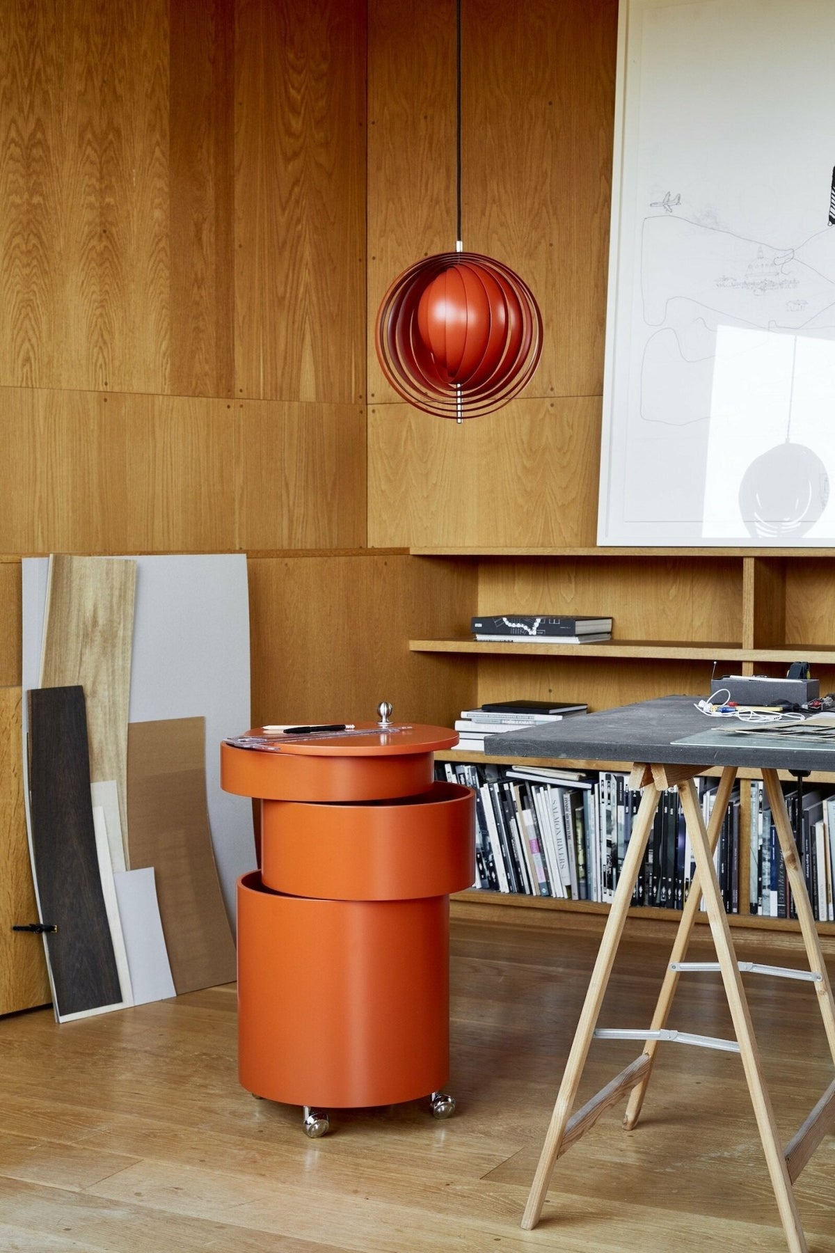 Barboy orange molded wood side table on wheels - Verpan - The Cool Republic