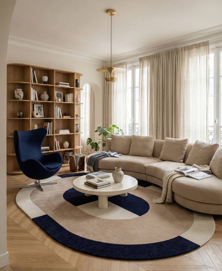Tapis oval en laine beige et bleu marine 170x240 cm Charles - SON-TAPIS - The Cool Republic