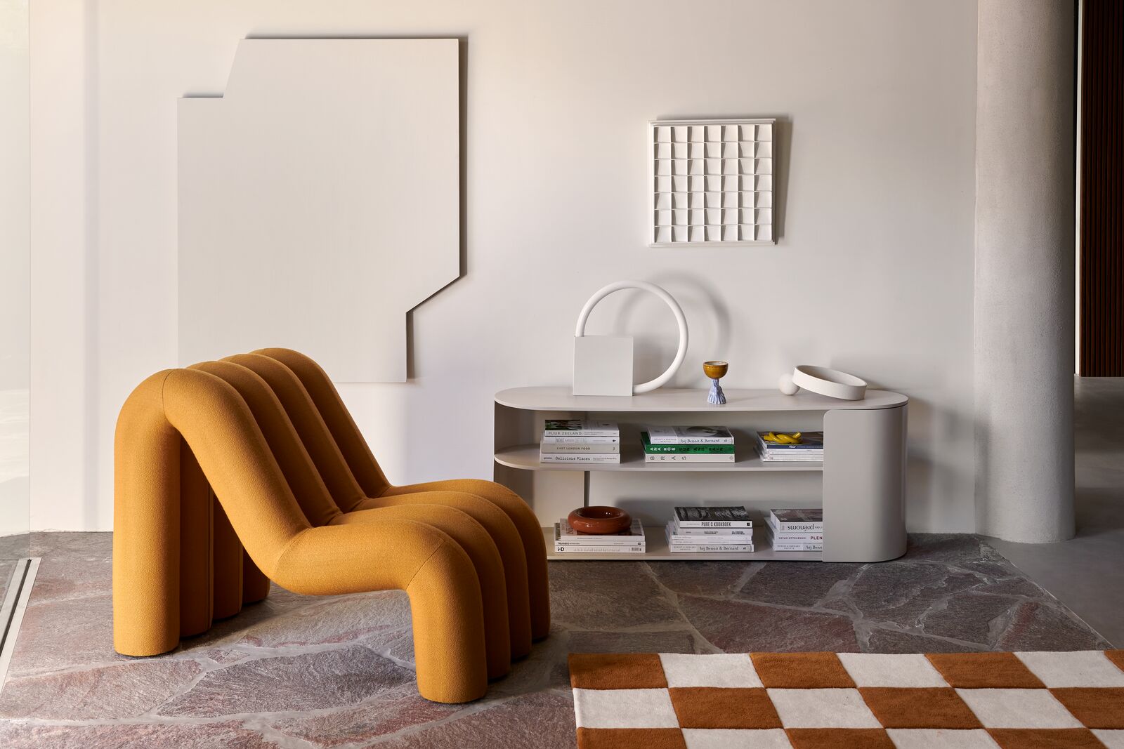 Tapis rectangulaire damier en laine orange et blanc 161x253cm Checks - Fest Amsterdam - The Cool Republic